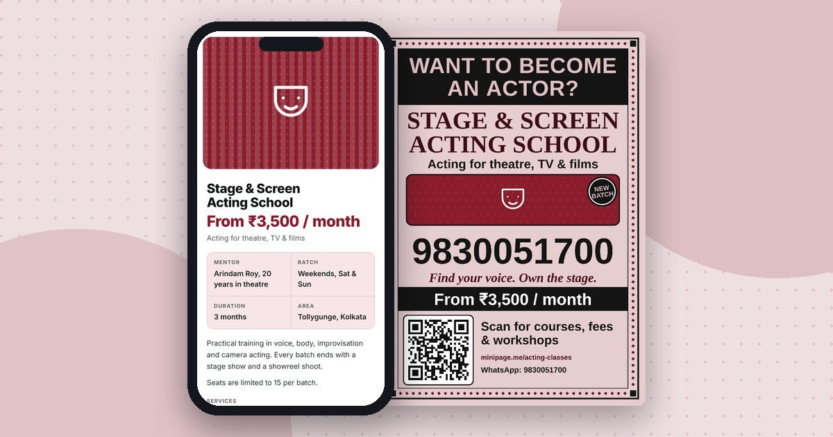 Acting classes mini website on a phone and its printed QR poster