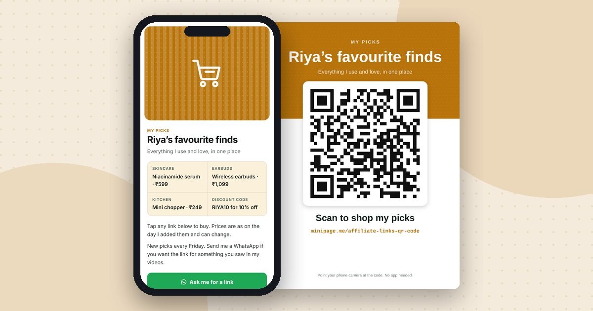 Affiliate links page mini website on a phone and its printed QR poster