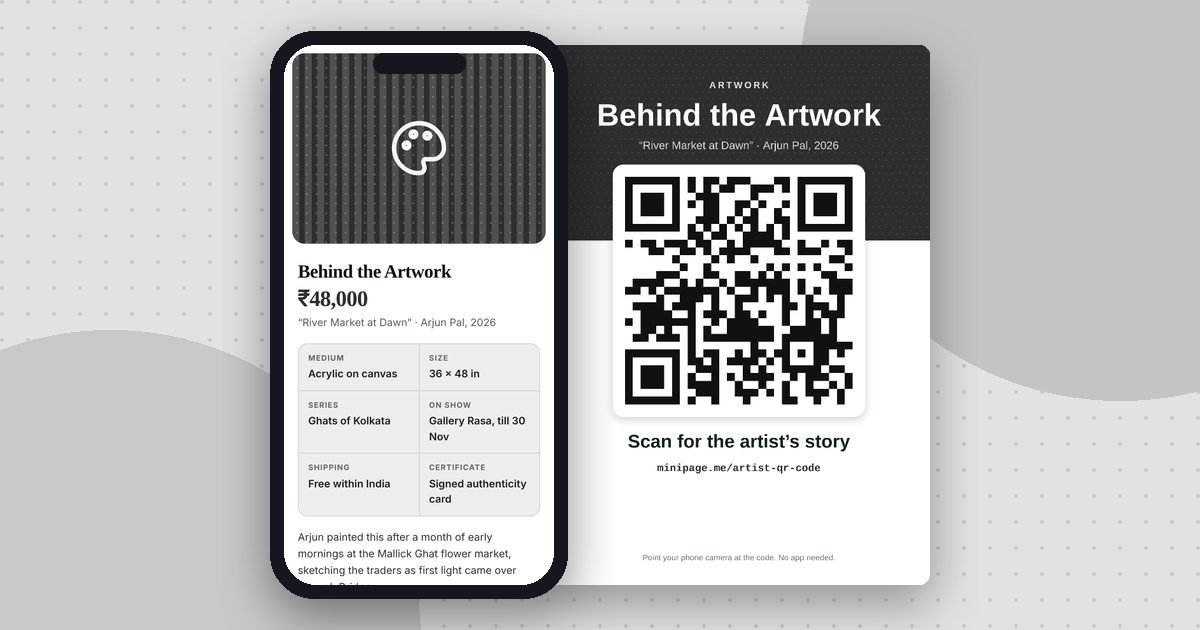 Artist and exhibition page mini website on a phone and its printed QR poster