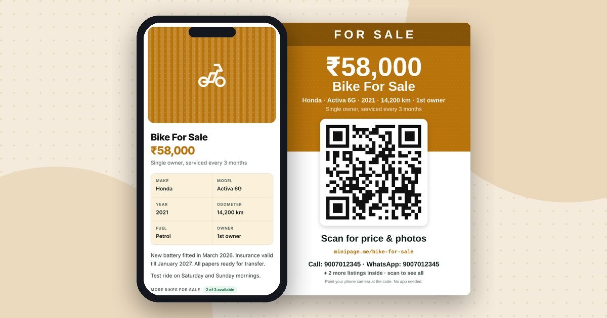 Bike for sale mini website on a phone and its printed QR poster