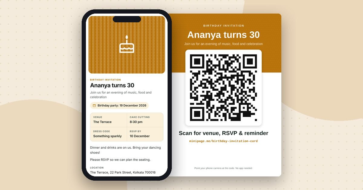 Birthday card mini website on a phone and its printed QR poster