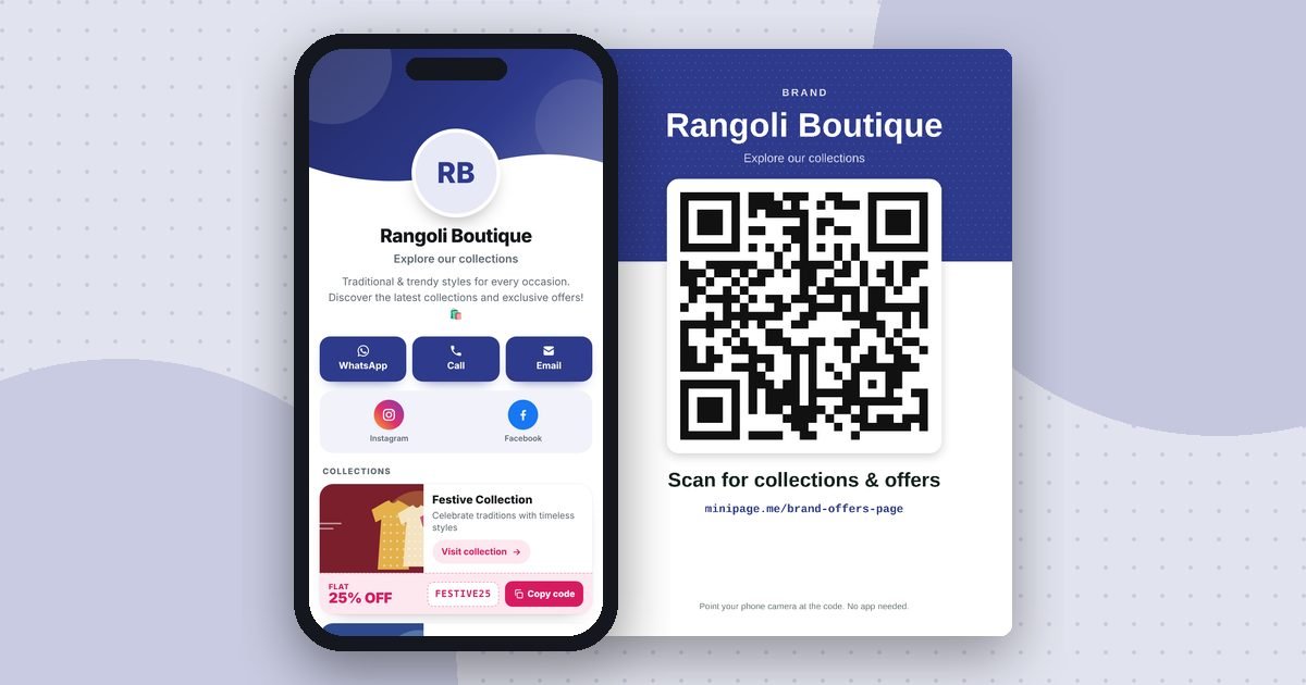 Brand page with offers mini website on a phone and its printed QR poster