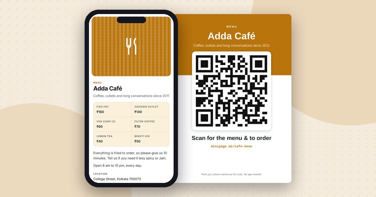 Café menu mini website on a phone and its printed QR poster