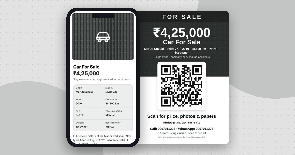 Car for sale mini website on a phone and its printed QR poster