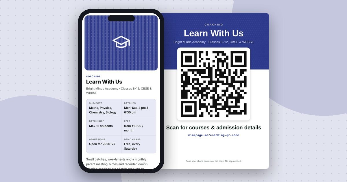 Coaching and tuition page mini website on a phone and its printed QR poster