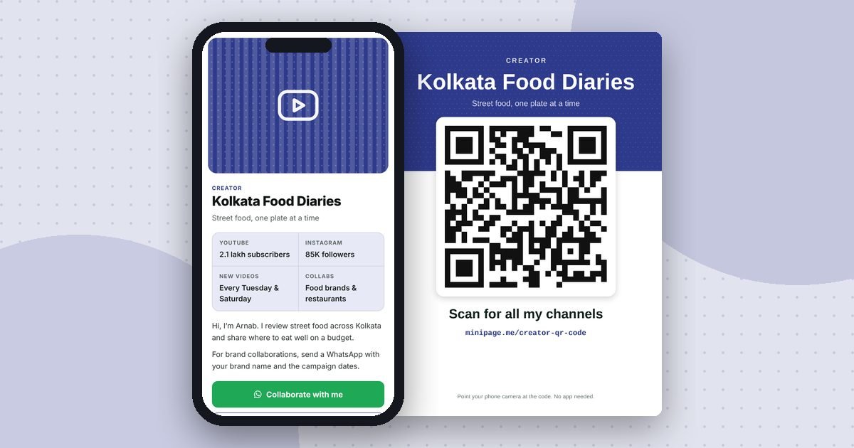 Creator page mini website on a phone and its printed QR poster