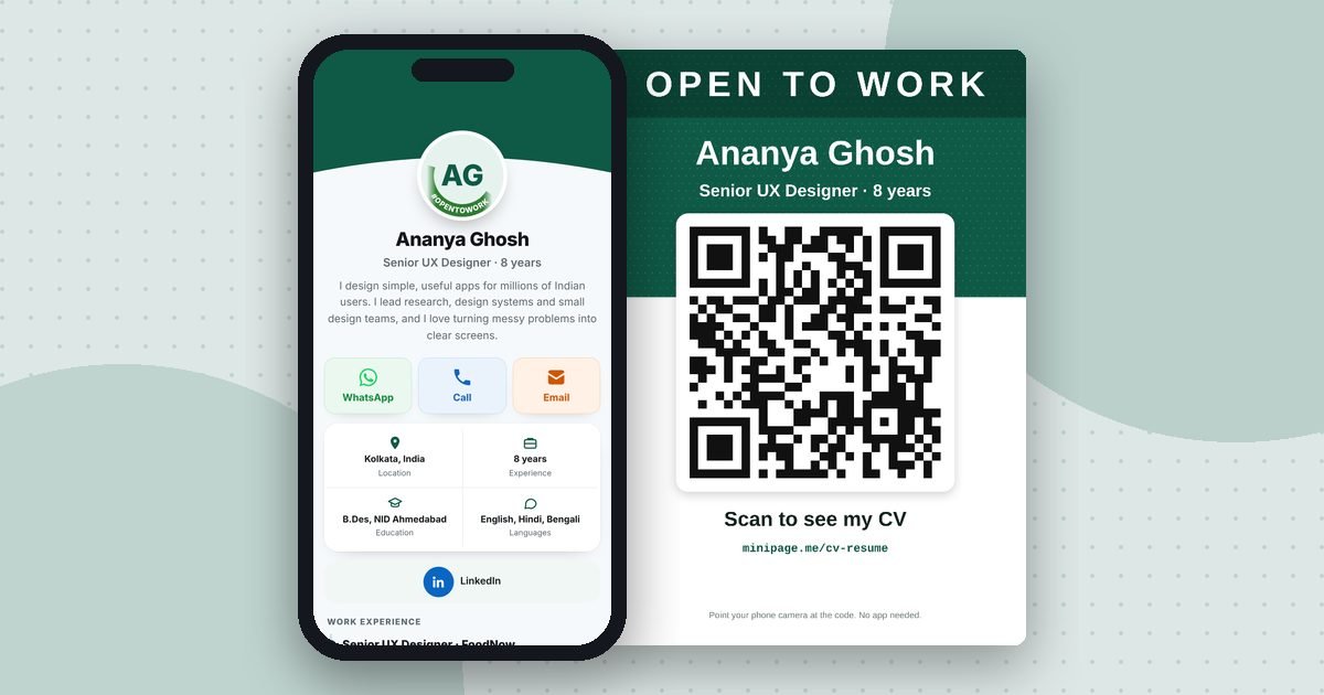 CV / Resume mini website on a phone and its printed QR poster