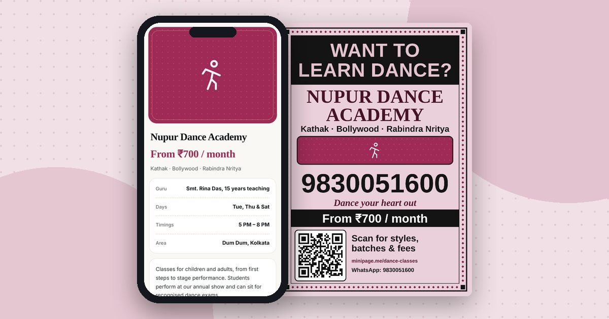 Dance classes mini website on a phone and its printed QR poster
