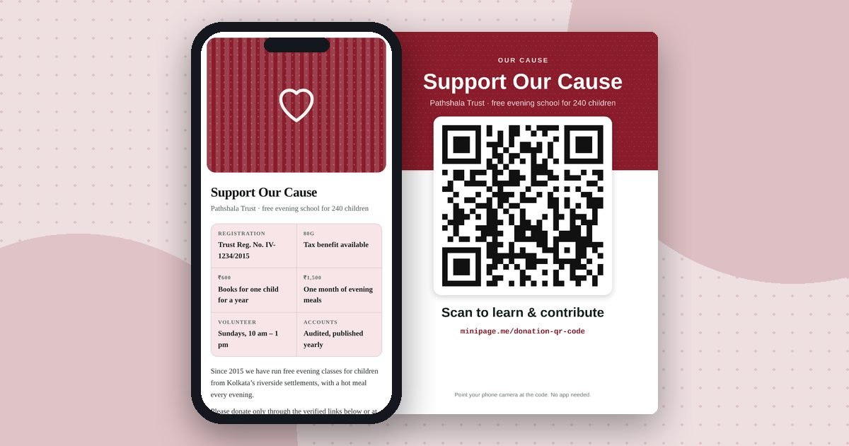 Donation information page mini website on a phone and its printed QR poster