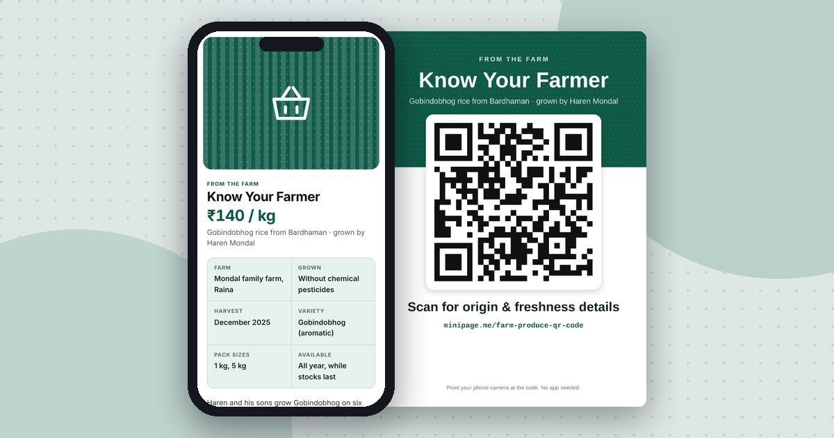 Farm-to-table product page mini website on a phone and its printed QR poster