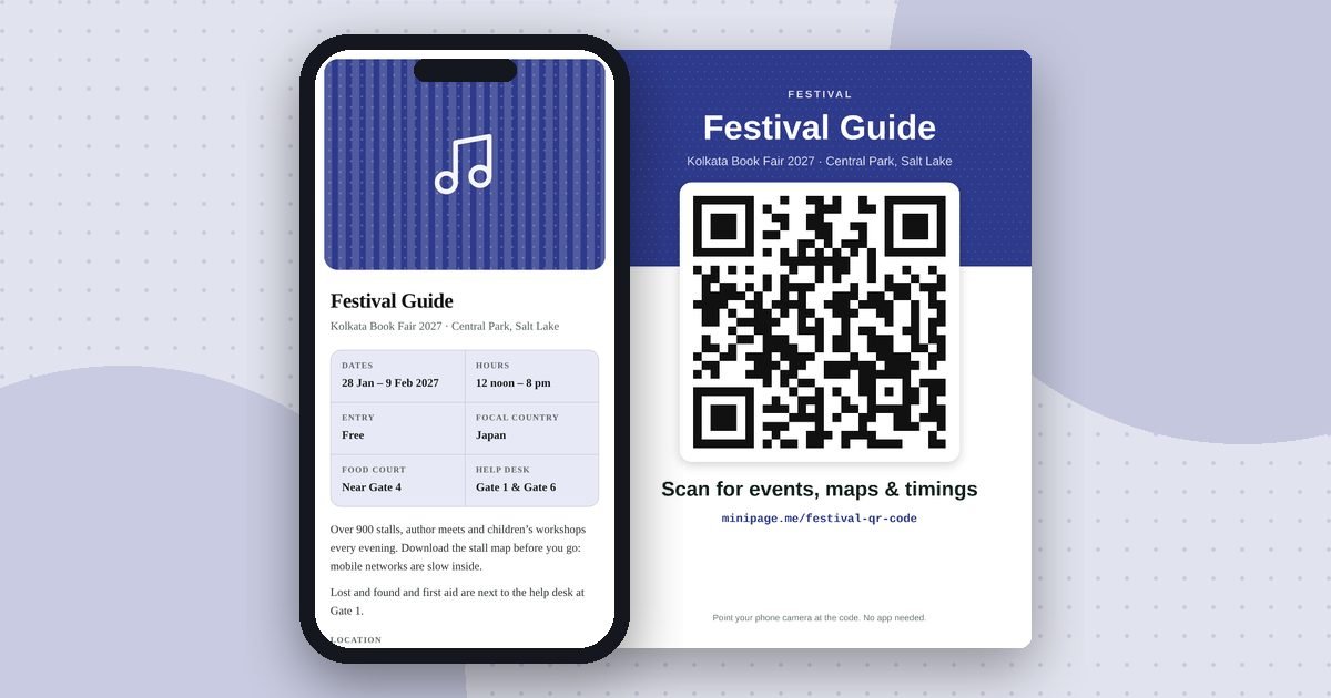 Festival information page mini website on a phone and its printed QR poster