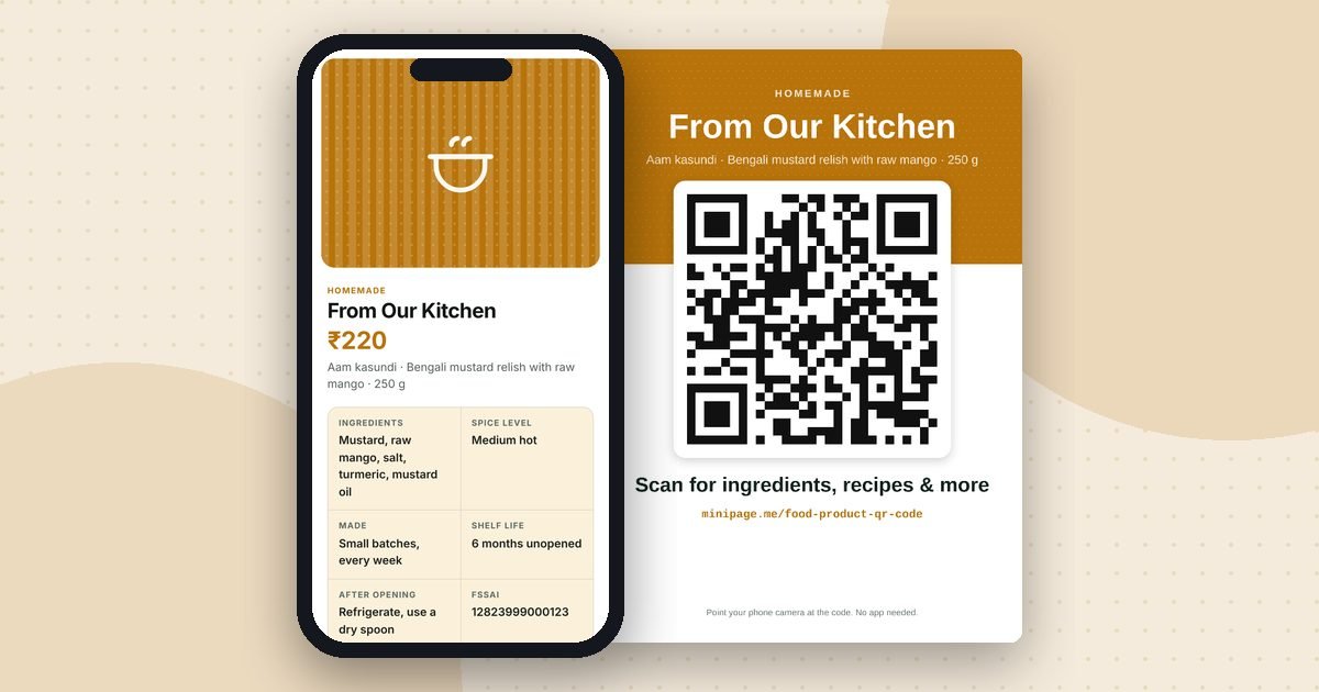 Food product page mini website on a phone and its printed QR poster