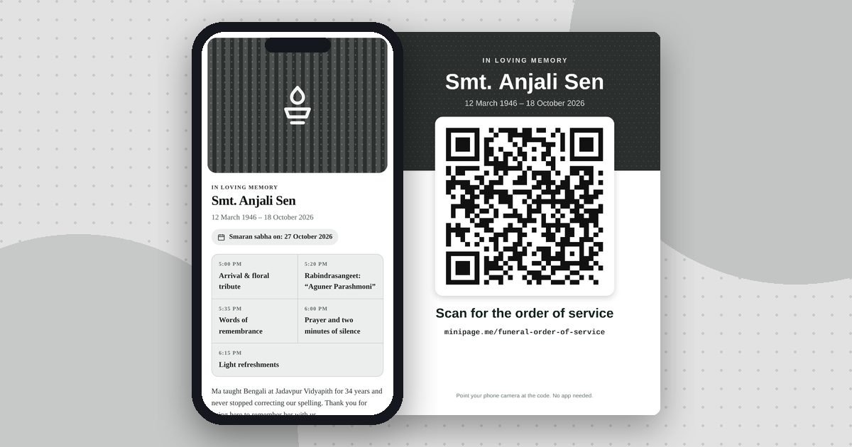 Funeral order of service mini website on a phone and its printed QR poster