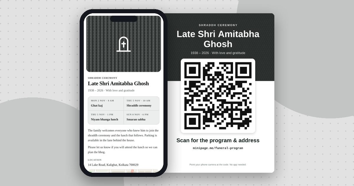 Funeral program mini website on a phone and its printed QR poster