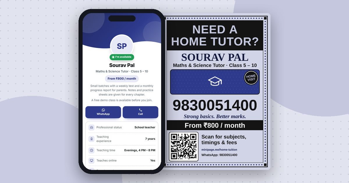 Home tuition mini website on a phone and its printed QR poster