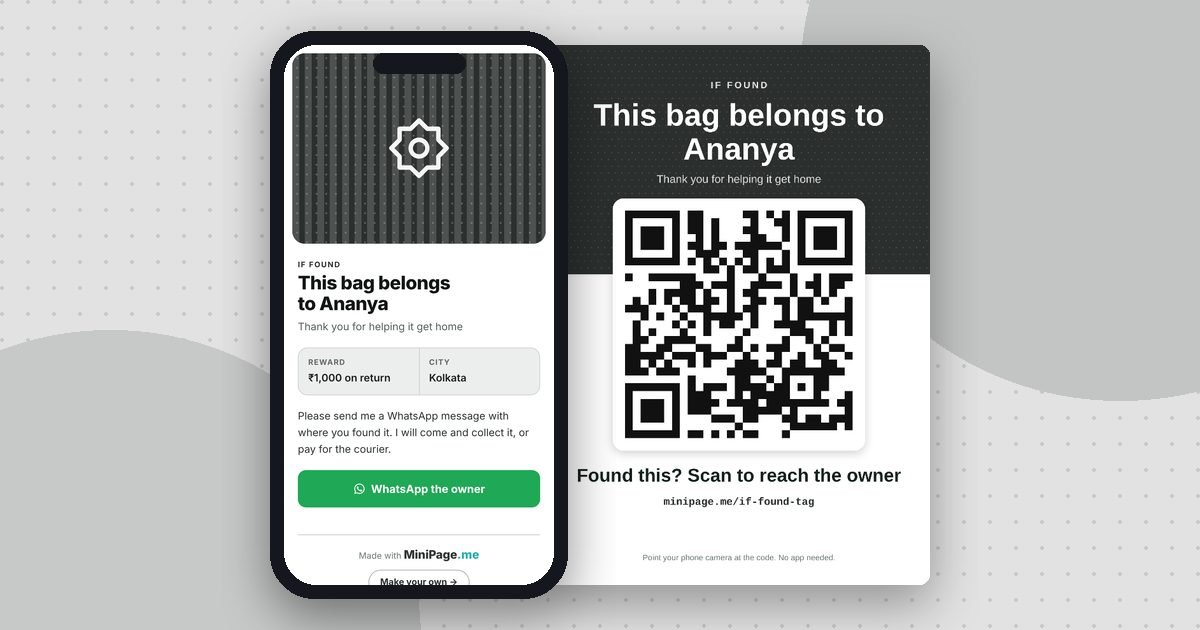 If-found tag mini website on a phone and its printed QR poster