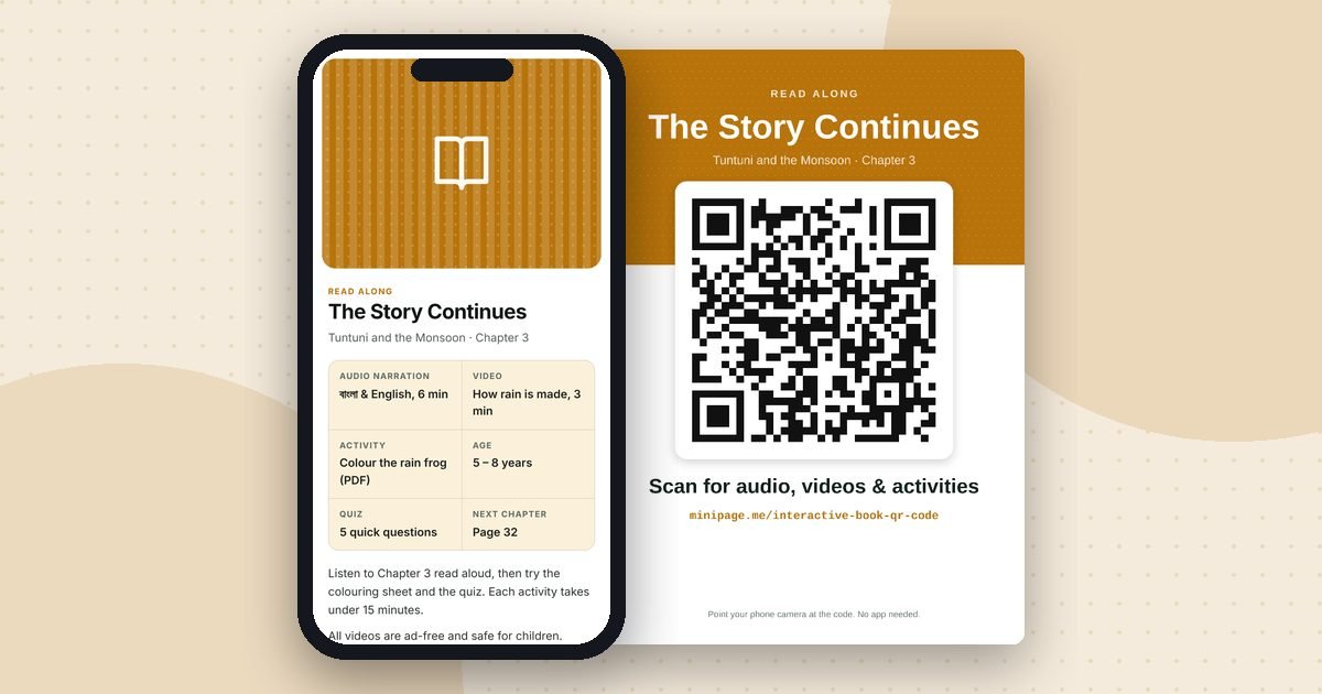 Interactive book page mini website on a phone and its printed QR poster