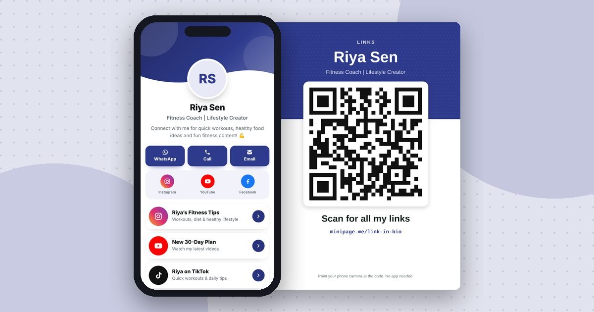 Link in bio mini website on a phone and its printed QR poster