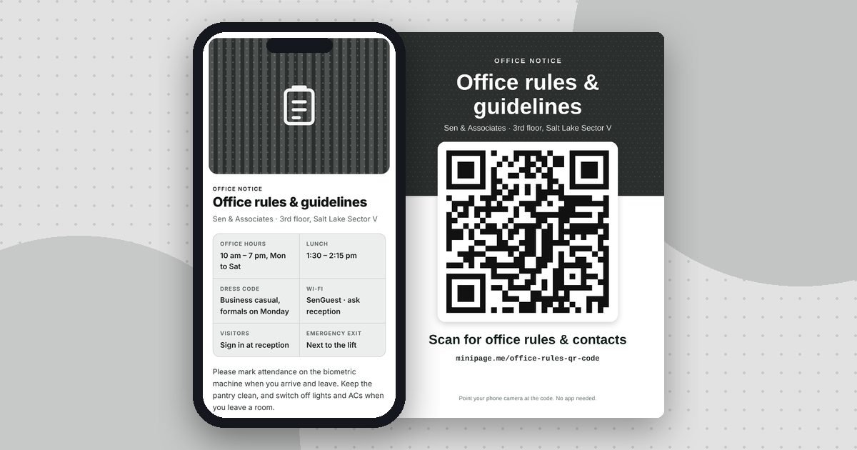 Office rules & notices mini website on a phone and its printed QR poster