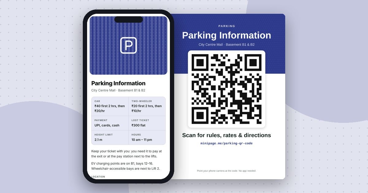 Parking guide mini website on a phone and its printed QR poster