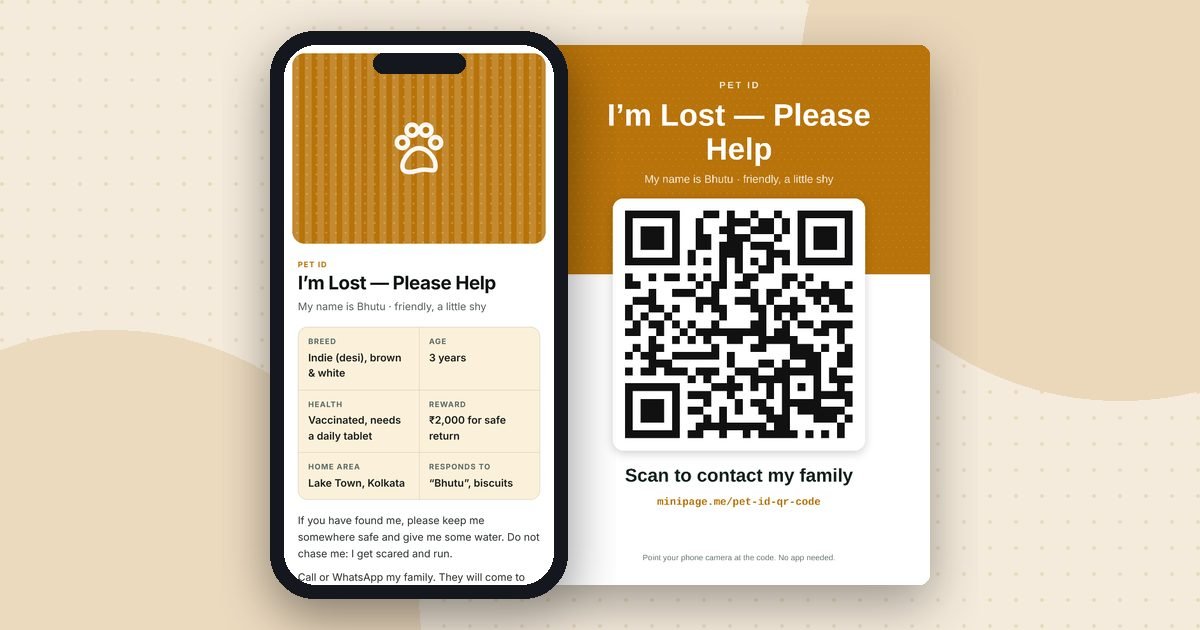 Pet identification page mini website on a phone and its printed QR poster