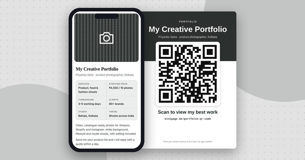 Portfolio page mini website on a phone and its printed QR poster