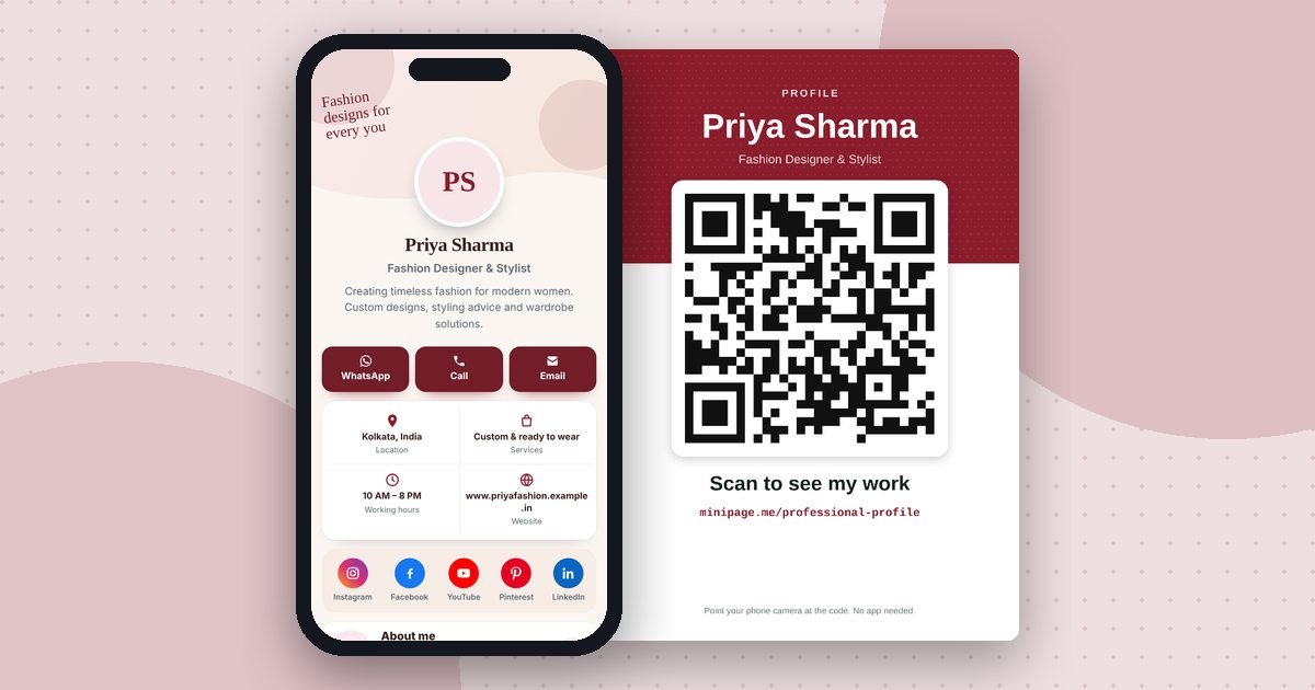 Professional profile mini website on a phone and its printed QR poster
