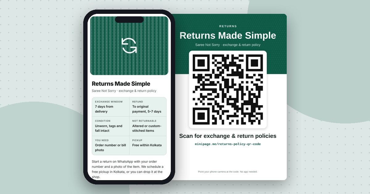 Returns and support page mini website on a phone and its printed QR poster