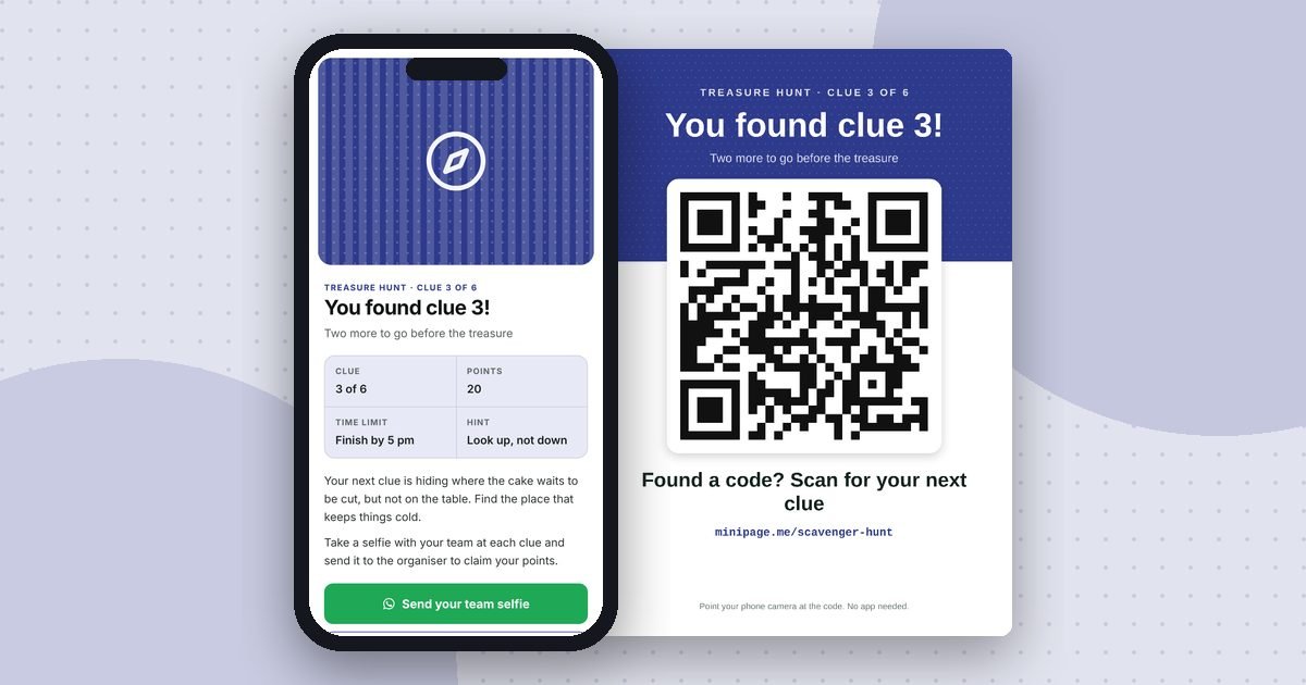 Scavenger hunt mini website on a phone and its printed QR poster