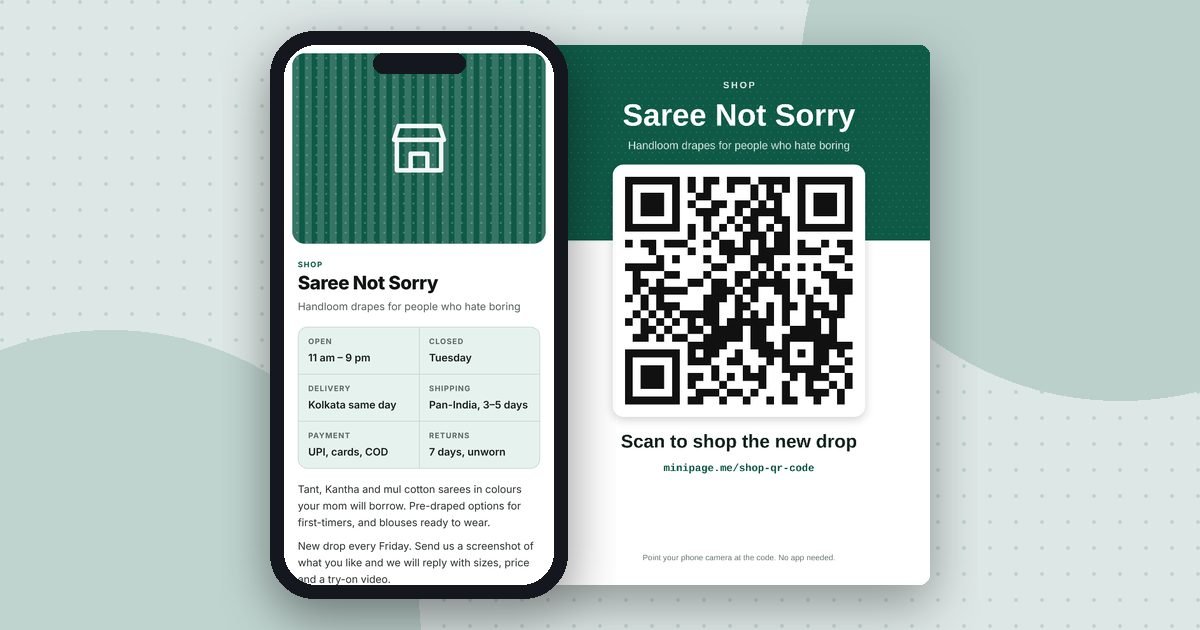 Shop counter mini website on a phone and its printed QR poster