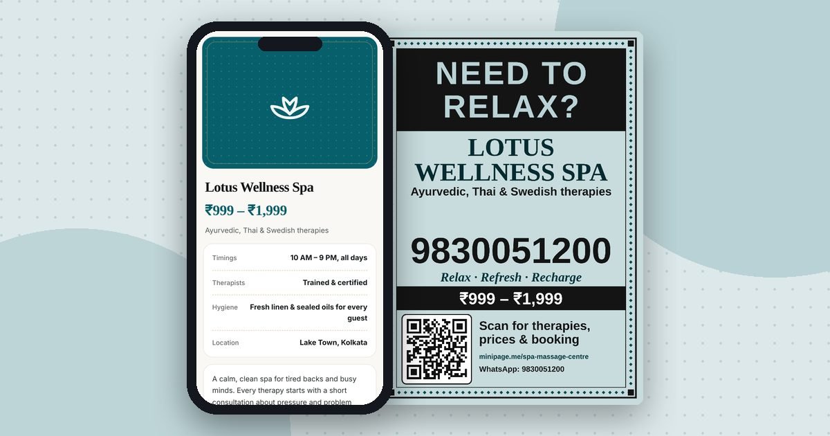 Spa & massage centre mini website on a phone and its printed QR poster