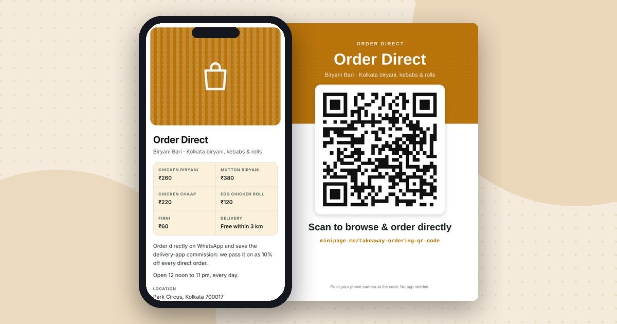 Takeaway ordering page mini website on a phone and its printed QR poster