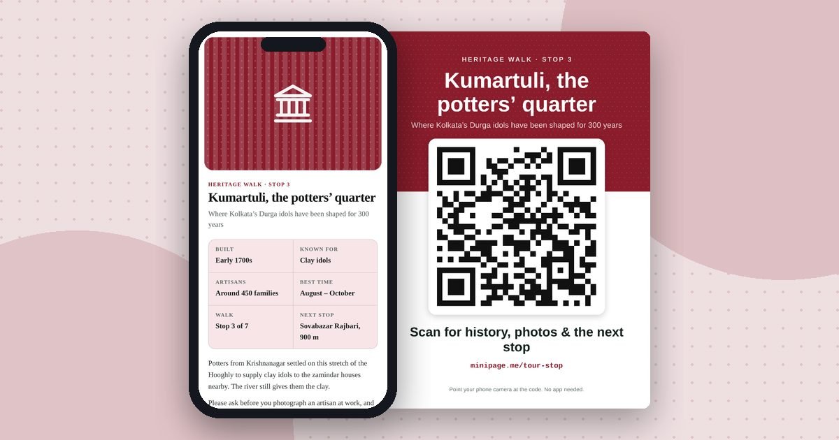 Tour stop mini website on a phone and its printed QR poster