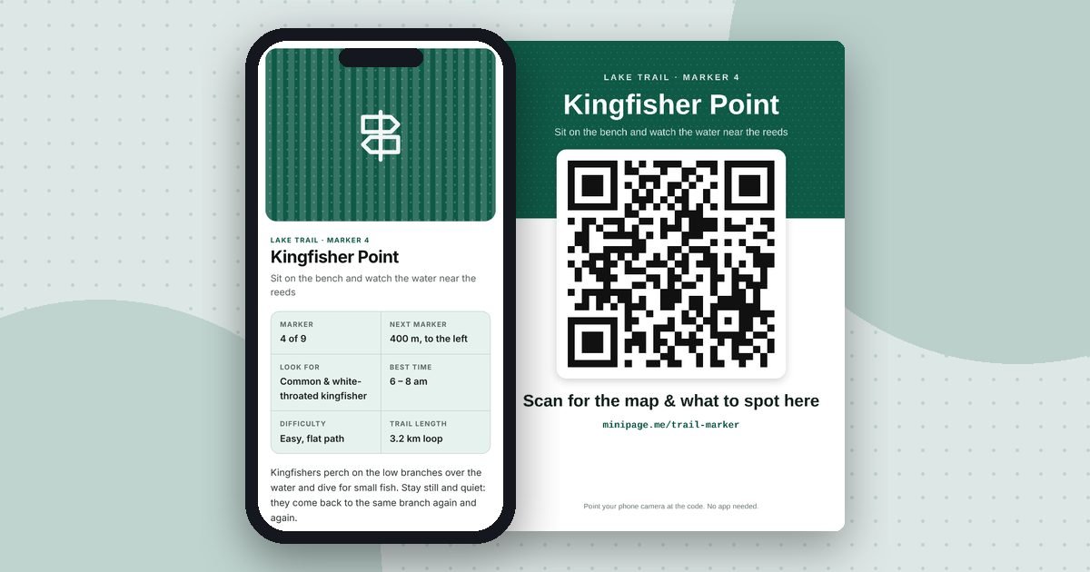 Trail marker mini website on a phone and its printed QR poster