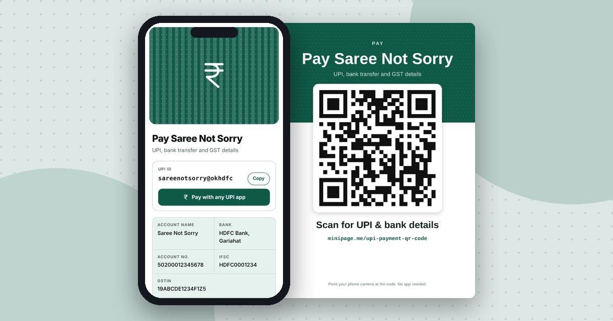 UPI payment page mini website on a phone and its printed QR poster