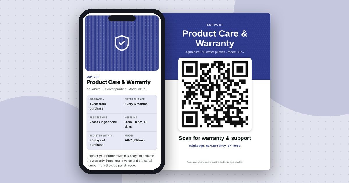 Product support page mini website on a phone and its printed QR poster