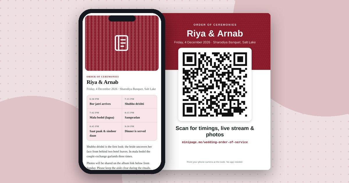 Wedding order of service mini website on a phone and its printed QR poster