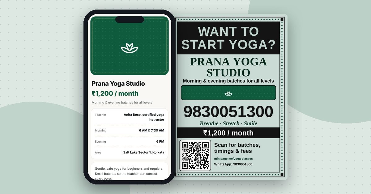 Yoga classes mini website on a phone and its printed QR poster