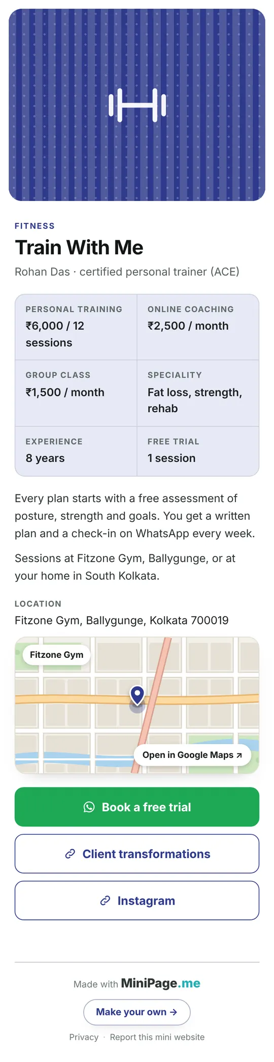 Mini website preview for the gym and fitness poster