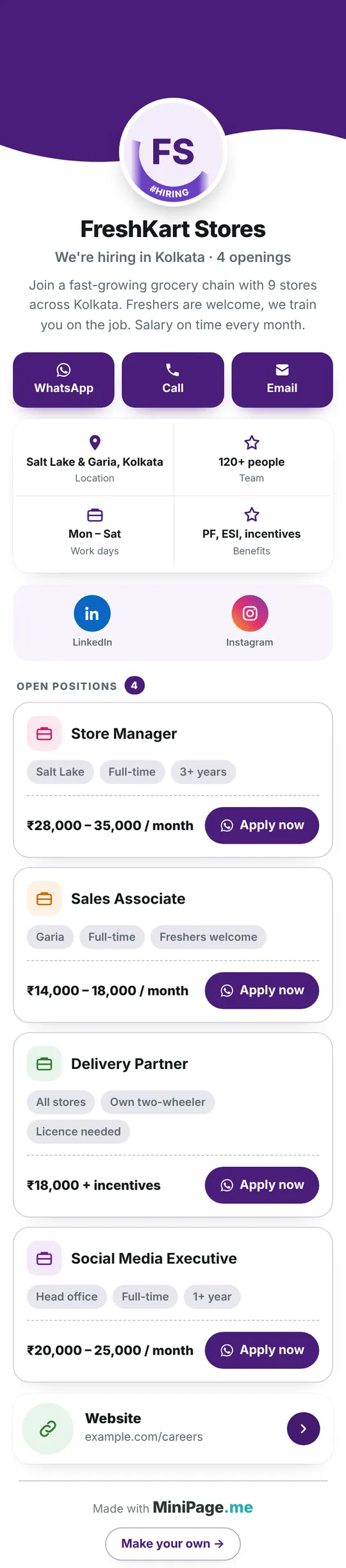 Mini website preview for the we are hiring poster