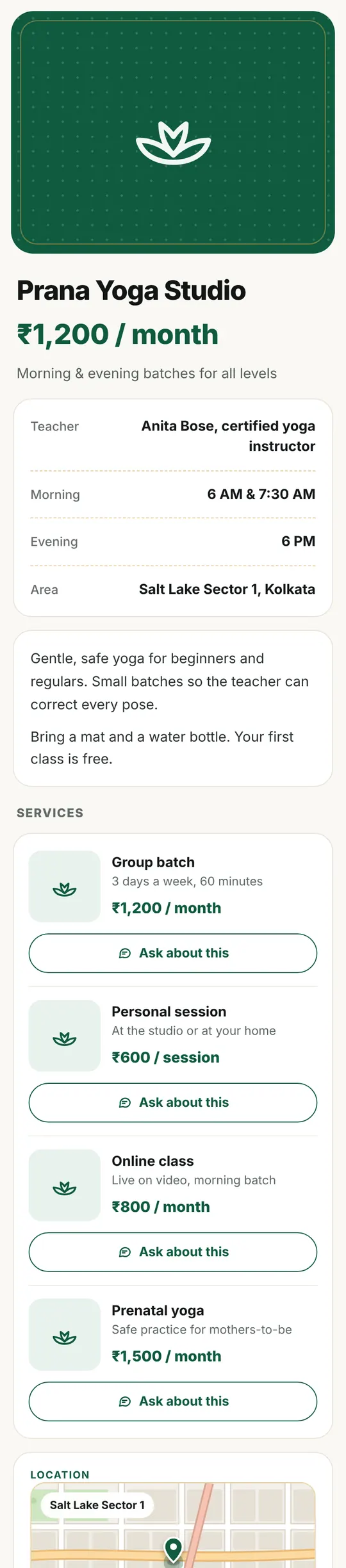 Mini website preview for the yoga class poster